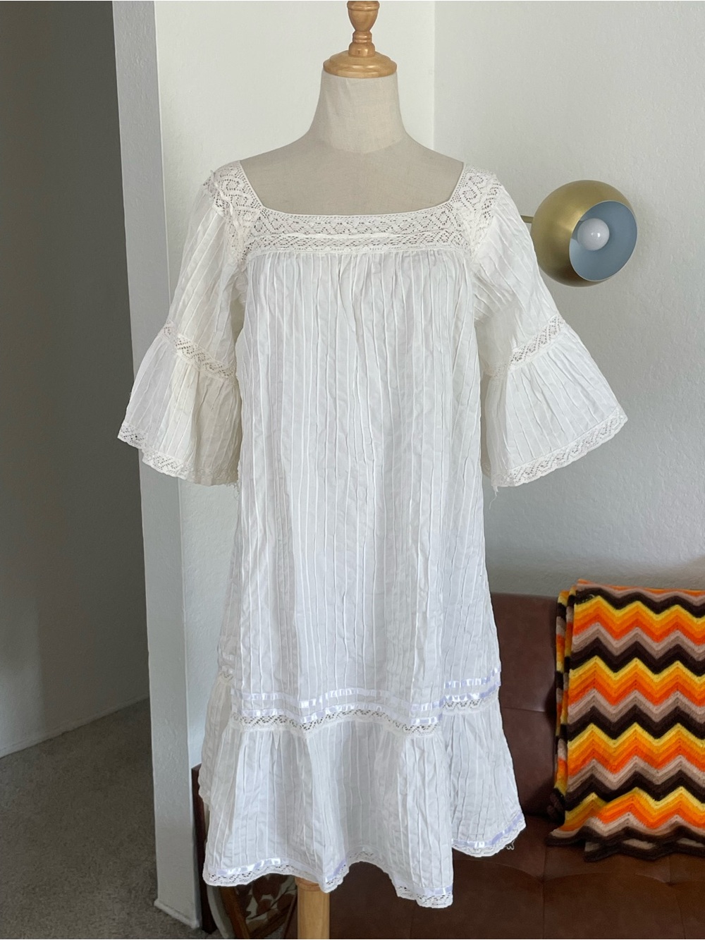 Vintage 1970s Boho Coastal Textured Crochet Trim Midi Dress